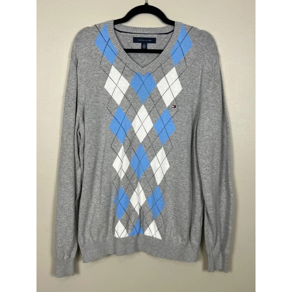 Tommy Hilfiger Mens Argyle V-Neck Sweater Gray Blue White Cotton Large 780433